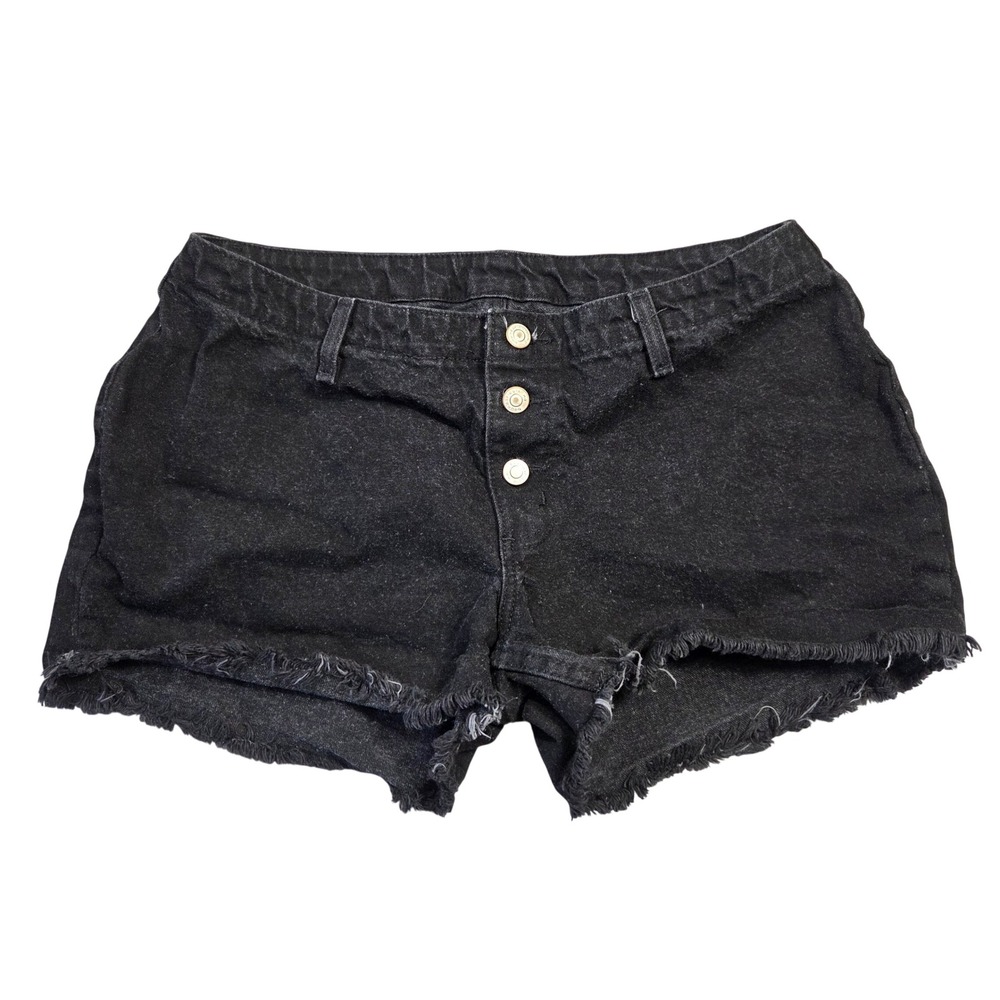 No Boundaries Low Rise Black Denim Shorts Button Fly Frayed Hem Junior 11 Y2K